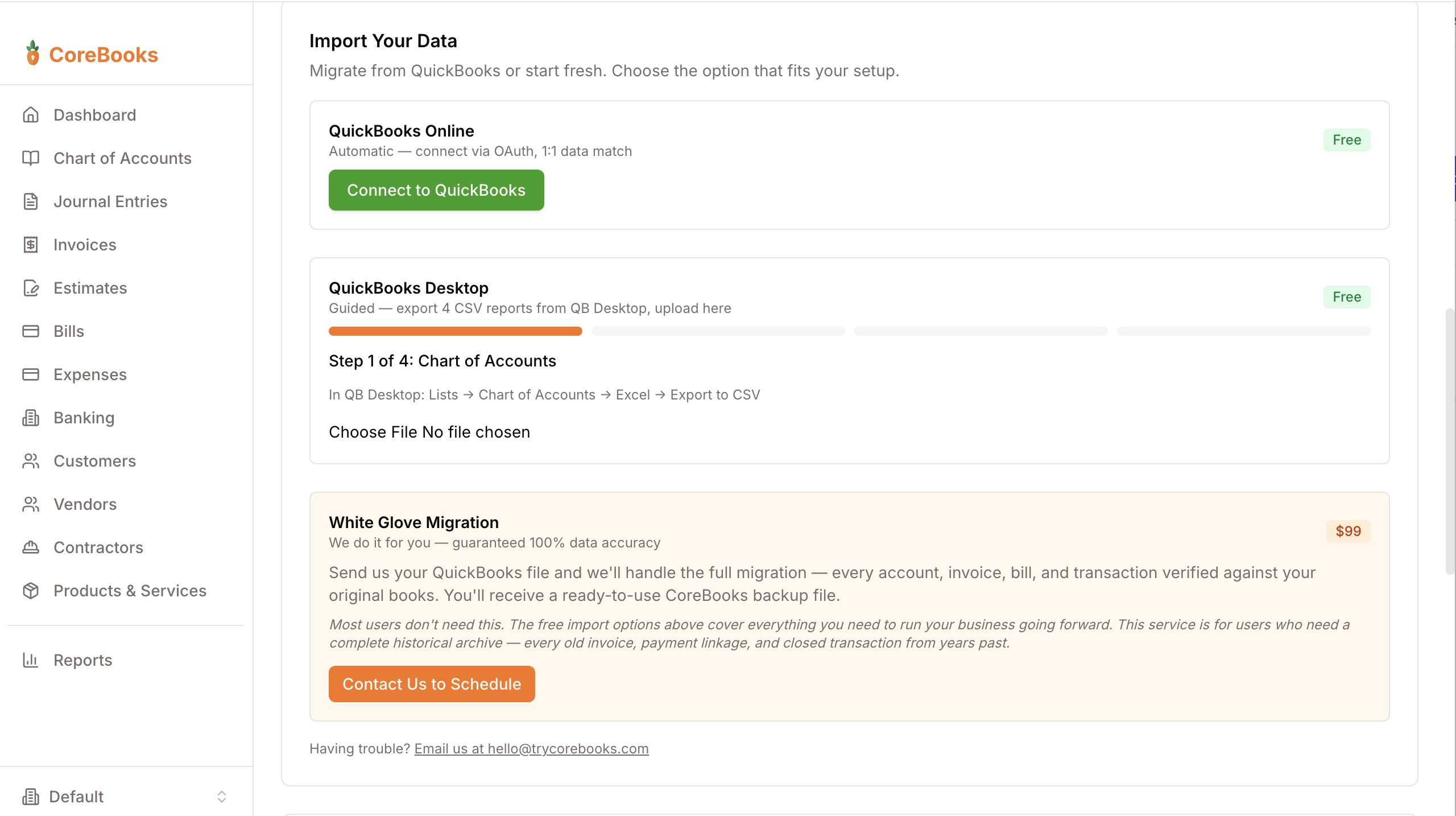 QuickBooks import options